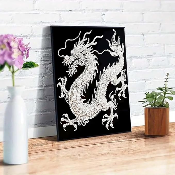 GEMFAMILY Dragon Diamond Art Painting Kits for Adults,White Dragon Diamond Painting Kits for Special Shape,DIY Pearl Diamond Dots Gem Art Craft for Home Decor 12 x 16 inch