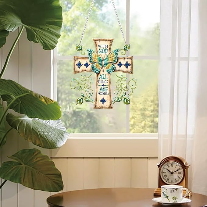RYMILIE Diamond Art Hanging Kits for Adults, Cross Special Shaped Diamond Painting,Double Sided 5D DIY Acrylic Diamond Art Painting Window Pendants Home Garden Wall Hanging Kits Butterfly Ornament.