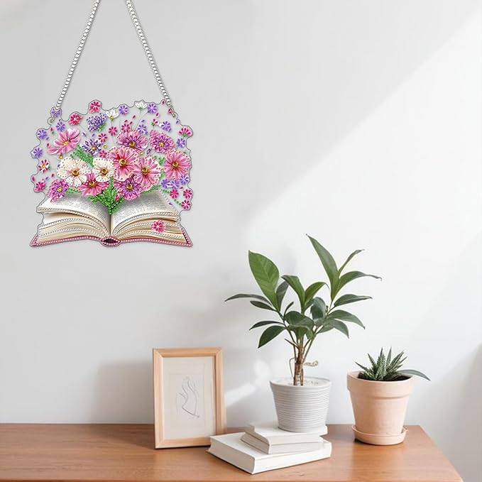 NAIMOER Diamond Art Hanging Kits for Adults, Book Flower Diamond Art Suncatchers, 5D Special Shape Fall Diamond Painting Pendant Window Ornament Gifts for Home Garden Door Wall Decor