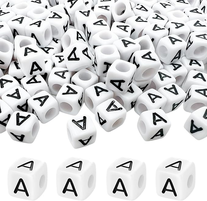 MIIIM 100pcs Pony Beads Letter A for Keychains Making, 6x6mm Large Hole Square Letter Beads for Bracelets Making, Alphabets, Numbers (White and Black)