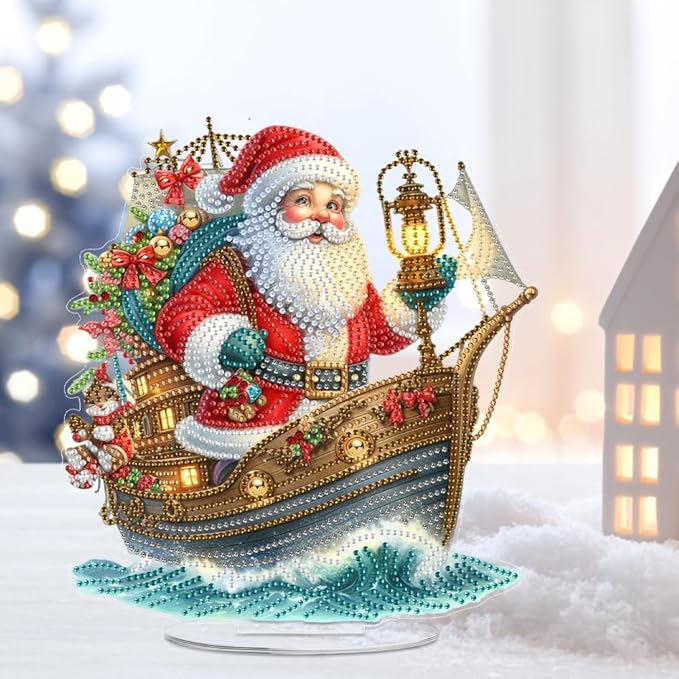 LAKEQUILL Christmas Diamond Painting Kits, Tabletop Ornament, Stand Up Diamond Art Desktop Kits for Home Office Decor, New Year Gift - Santa Claus & Boat