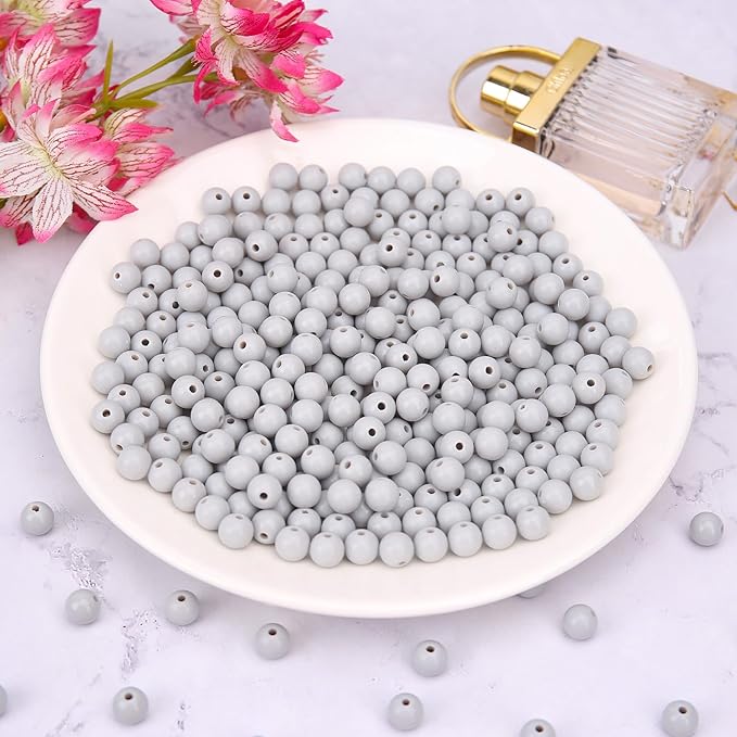 bonny boxx 500pcs 8mm smooth grey round beads, plastic resin bubblegum balls chunky gumball beads for necklace and bracelet making, crafting supplies