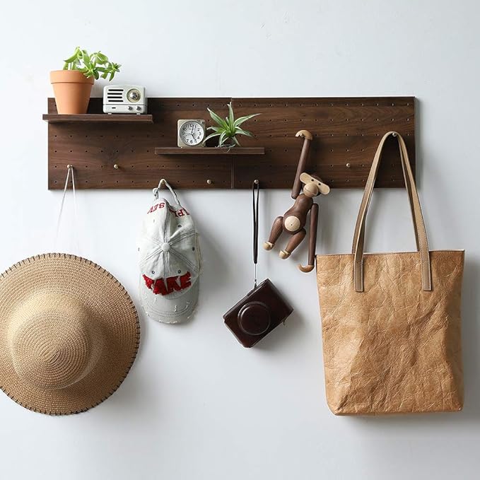 Wooden Pegboard Modular Display Organization Storage Wall Hooks Shelf 15.2in x 7.6in 2-Pack (Color:Walnut)