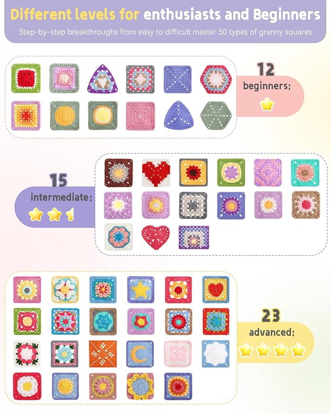 Katech Crochet Kit for Beginners, 50 Granny Squares Crochet Kits for Adults Beginner Learn to Crochets w/Step-by-Step Video Tuturials, Knitting Kit w/1378yds Yarn Granny Square Card Deck- 80% Cotton