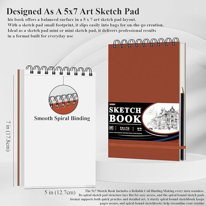 Ankkol Small Sketch Pad - Hardcover Sketchbook 5x7, 100 Sheets Spiral Sketch Book, 68lb/100gsm Sketch Paper for Drawing | Art Gifts for Girls, Drawing Supplies & Art Supplies for Teens 14-16 Girls.