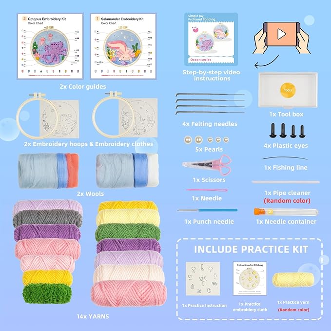 Punch Needle Kits Adults Beginner,Punch Needle kit for Beginners, Embroidery kit for Beginners,Includes All Tools and Materials,Easy to Follow Instructions and Videos-(Axolotl+Octopus)