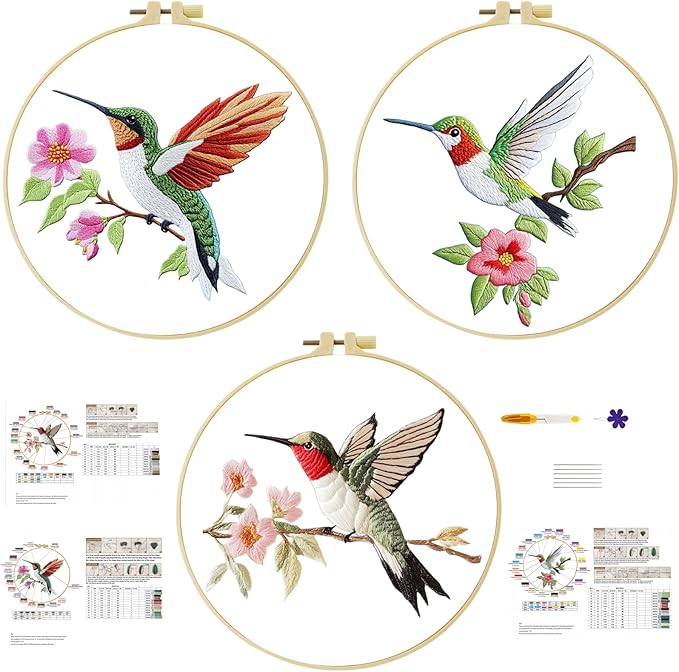 57lilina embroidery kit for beginners, pack of 3 with hoops, threads, needles - starter cross stitch supplies for adults, gift for relaxation craft lovers, hummingbird theme