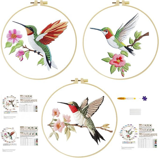 57lilina embroidery kit for beginners, pack of 3 with hoops, threads, needles - starter cross stitch supplies for adults, gift for relaxation craft lovers, hummingbird theme