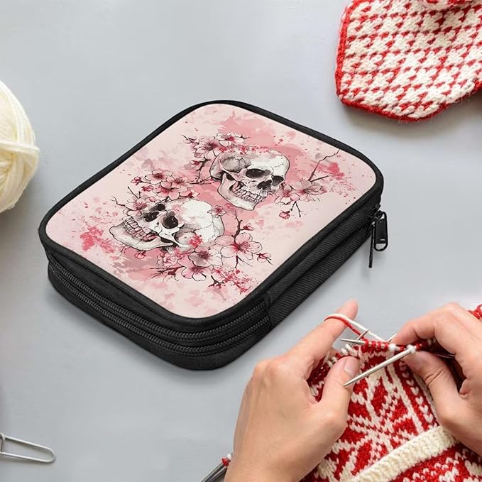Hechitok Cherry Blossom Skull Crochet Hook Case, Zipper Storage Organizer Bag with Web Pockets for Crochet Needles/Knitting Accessories/Crochet Hook Kit Tools Easy to Hold