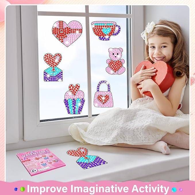 Qyeahkj 6 Pcs Valentine's Day Arts Crafts DIY Heart Bear Gem Diamond Suncatcher Crafts for Kids Valentines Diamond Painting Gifts Exchange for Kids Aged 4 6 8 10 12 for Home School Party Decor