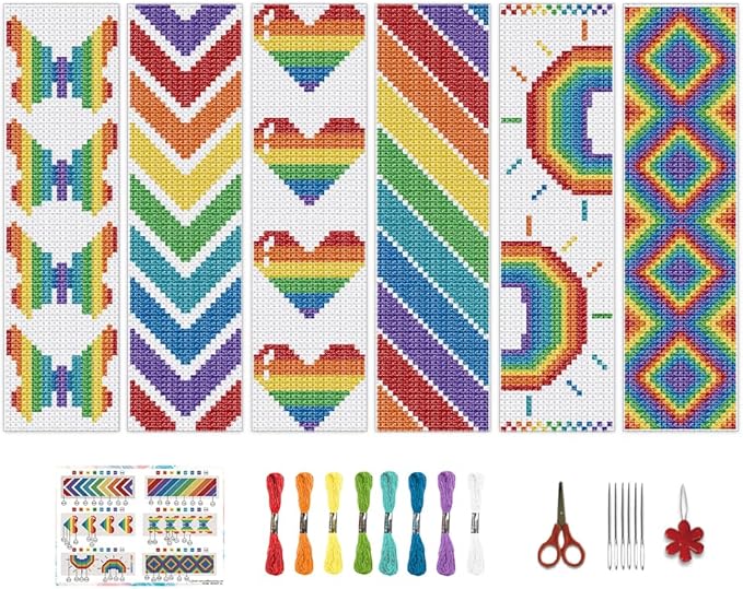 BEUNITONE Cross Stitch Bookmark Kit 6 Pcs Rainbow DIY Bookmarks Cross Stitch Kits for Adults Beginners Love Heart Pre-Sorted Floss Cross-Stitch Stamped Embroidery Kit with Instruction 8''x2.4''
