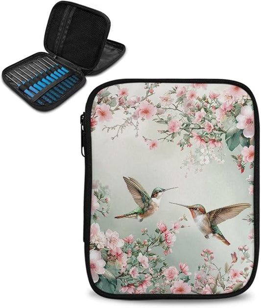 Hechitok Hummingbird Flower Crochet Hook Case, Zipper Storage Organizer Bag with Web Pockets for Crochet Needles/Knitting Accessories/Crochet Hook Kit Tools Easy to Hold