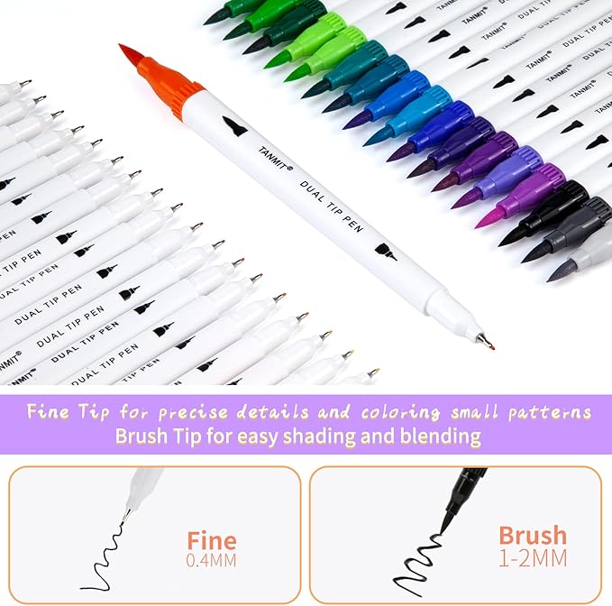 Dual Brush Marker Pens for Coloring Books, Tanmit Fine Tip Coloring Marker & Brush Pen Set for Journaling Note Taking Writing Planning Art Project