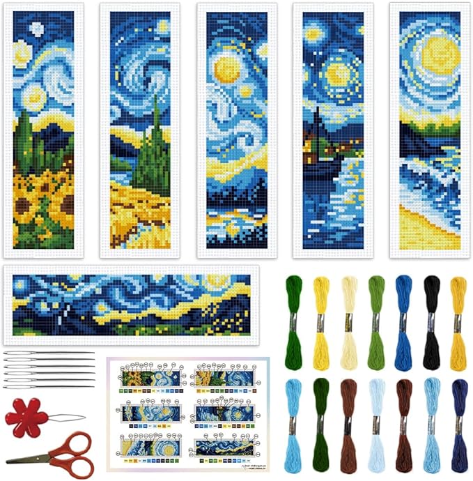 ORIGACH 6 Pcs Cross Stitch Bookmark Kit for Beginner Adults, Swirling Night Sky Stamped Embroidery Bookmark Kit with Instruction for Starters Printed Cross Stitch DIY Kits for Book Lovers