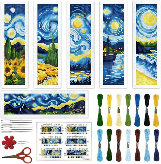 ORIGACH 6 Pcs Cross Stitch Bookmark Kit for Beginner Adults, Swirling Night Sky Stamped Embroidery Bookmark Kit with Instruction for Starters Printed Cross Stitch DIY Kits for Book Lovers