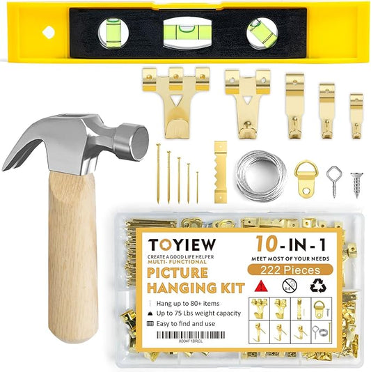 Picture Hanging Kit, 224pcs Hanging Hardware with Hooks, Wire, Nails, D Rings, Photo Sawtooth Hangers, Ring Hooks, Wall Art Frame Hanging Kit with Yellow Magnetic Level and Small Claw Hammer