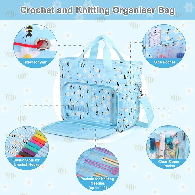 Yarn Storage Organizer Travel Crochet Bag, Large Capacity Tote Bag Knitting Bag for Carrying Projects, Knitting Needles, Crochet Hooks and Yarn, Blue Floral and Bees