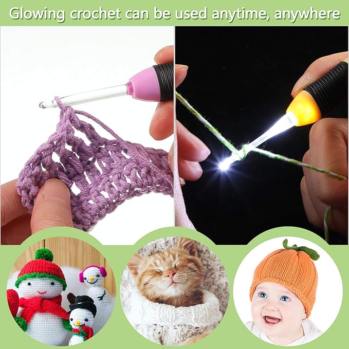 Chuangdi 9 Pieces Lighted Crochet Hooks with Case 9 Size LED Light Crochet Hooks Set Knitting Needles Craft Yarn Weaving Needles Comfortable Smooth Handle for Knitting, 2.5 mm-6.5 mm(Colorful)