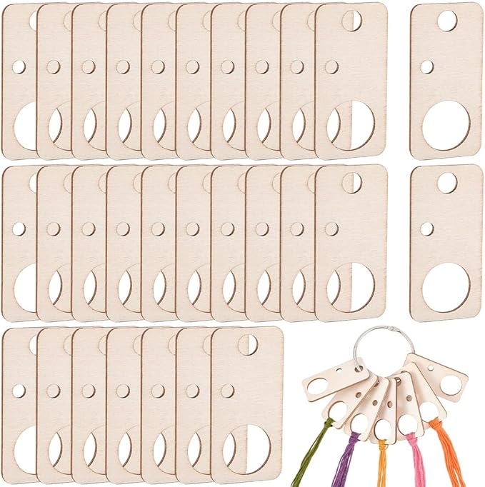 GORGECRAFT 100Pcs Wood Thread Drops 2.3 x 1.1 Inch Wooden Rectangle Cross Stitch Board Card Embroidery Threads Organizer Holder Bobbins Floss with Iron Binder Rings for DIY Craft Sewing Storage