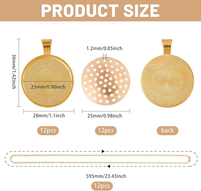 CHGCRAFT 12 Set Embroidery Pendant Tray Set Alloy Embroidery Pendant Kit Round Bezel Pendant Trays Blank Frame with Chain for DIY Jewelry Making Crafts Projects
