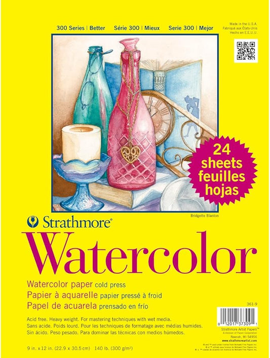 Strathmore 300 Series Watercolor Paper Pad, 9x12 inches, 24 Sheets (140lb/300g) - Artist Paper for Adults and Students - Watercolors, Mixed Media, Markers and Art Journaling