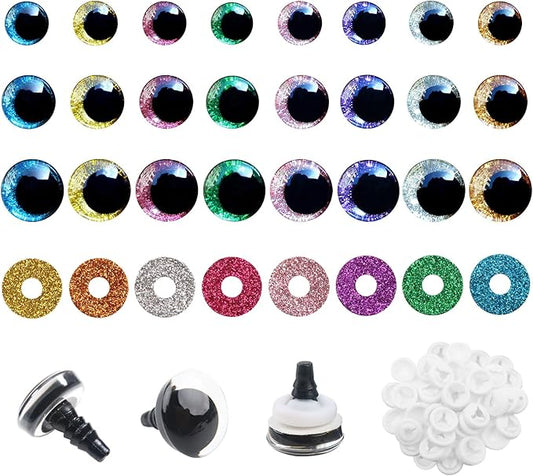 TOAOB 48 Set Safety Eyes Glitter Plastic for Amigurumis 16mm 18mm 25mm Round Craft Crochet Doll Eyes with Washers 8 Colors for DIY Puppet Stuffed Animals Making