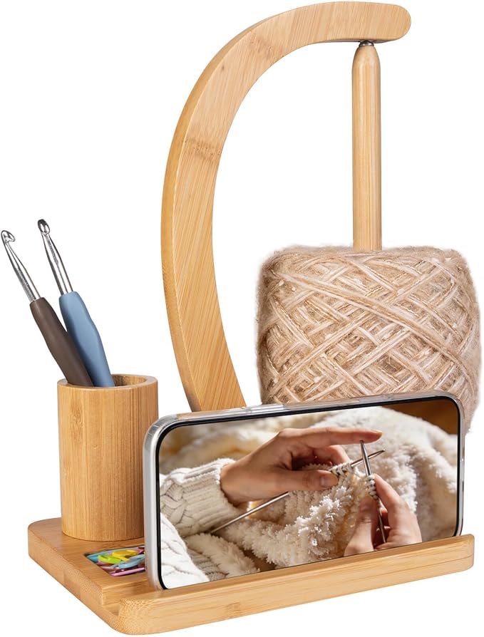 SPEENSUN Yarn Holder for Crochet, Bamboo Yarn Spinner with Magnetic Rotating Anti-Tangle Design, 1.1lbs Capacity, 3-in-1 Storage for Hooks/Markers, Phone Stand, Best Crochet Accessories Gifts