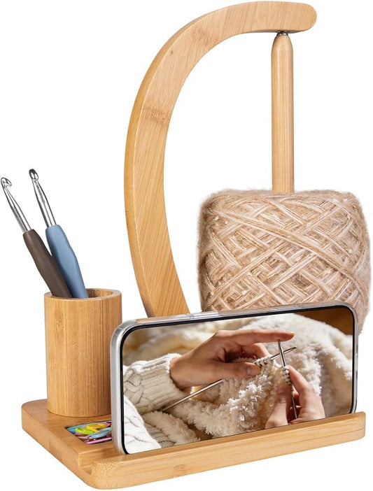 SPEENSUN Yarn Holder for Crochet, Bamboo Yarn Spinner with Magnetic Rotating Anti-Tangle Design, 1.1lbs Capacity, 3-in-1 Storage for Hooks/Markers, Phone Stand, Best Crochet Accessories Gifts