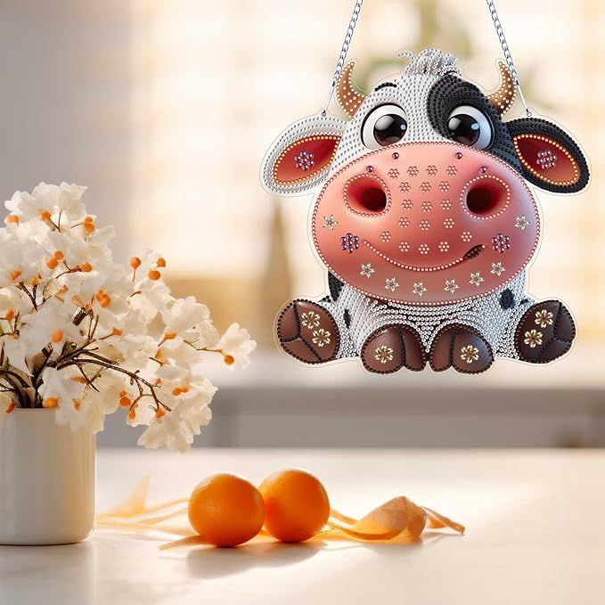 VODAPYC Cow Diamond Painting Acrylic Hanging Kits for Adults, DIY Double Sided Special Shaped Diamonds Art Window Pendant Ornament for Home Decor(Cute Cow)