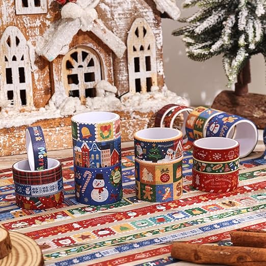 Christmas Theme Washi Tape Set, 12 Rolls Christmas Washi Tape Writable Decorative Tapes for Scrapbooking, Junk Journal Supplies, Bullet Journaling, 0.6"x79" per Roll
