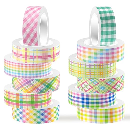 12 Rolls Happy Easter Washi Tape Set, Spring Colorful Pastel Buffalo Plaid Checkered Masking Decorative Tapes for DIY Craft Scrapbook Journals Easter Gift Wrapping School Supplies Decor 16.4FT