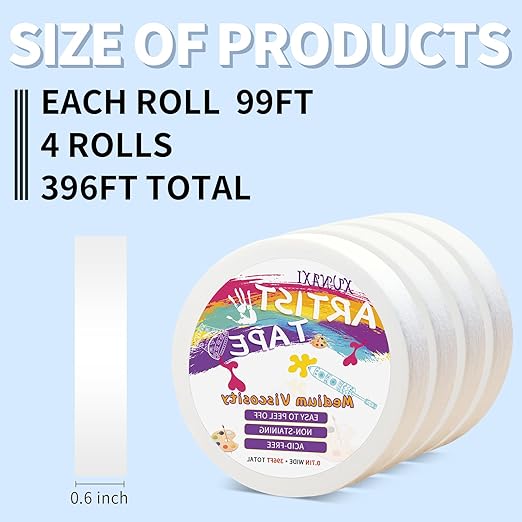 4 Packs Artist Tape Medium Tack White Art Tape for Watercolor Paper Drafting Art Painting Canvas Framing Acid Free Masking Tape- 0.7IN Wide 396FT Long Total
