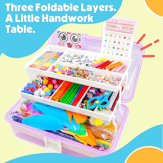 smilesskiddo arts craft supplies for kids - 1000+ pcs toddler diy craft art supply set, portable 3 layered folding storage box school craft projects - gifts for girls crafts for girls ages 4-8 8-12