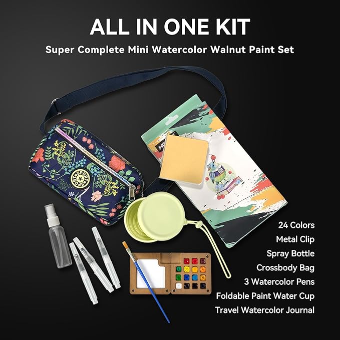 Mini Watercolor Kit Travel Set Pocket Watercolor Set with Wooden 15-Grid Palette, Crossbody Bag, 24 Colors Paint, 3 Brushes, Copper Clip & Sketchbook for Travel Painting