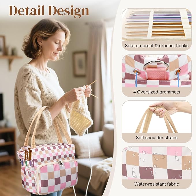 DALINDA Crochet Bag Organizer,Yarn Bag and Tote- Yarn Storage with Multiple Pockets for Crochet Supplies, Knitting Bag for Gifts,Portable & Durable(Brown)