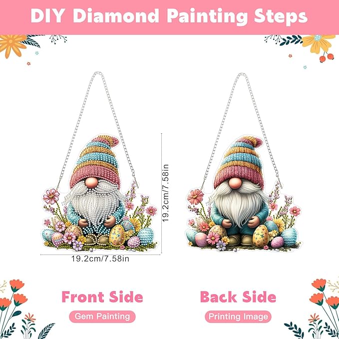 NAIMOER Easter Gnome Diamond Art Hanging Kits for Adults, 5D Special Shaped Rhinestone, DIY Acrylic Spring Diamond Art Painting Window Pendants Home Garden Wall Hanging Ornament Kits, Double Sided
