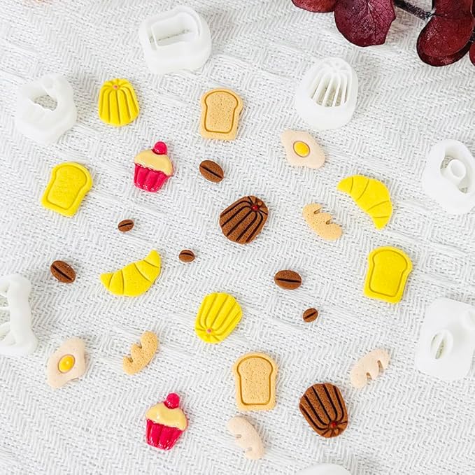 Xaekicr Breakfast Food Polymer Clay Cutters Set – 7pcs Bread Cupcake Egg Coffee Designs Clay Cutters for Polymer Clay Jewelry Making – Cute Clay Molds and Clay Tools for Mini Food Earrings