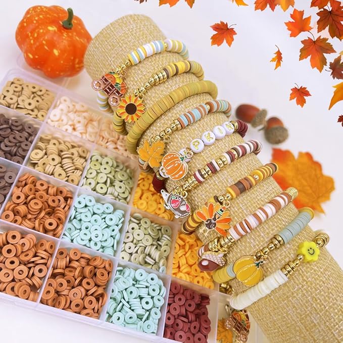 MIIIM Fall Clay Beads Kit for Bracelets Making, Heishi Beads for Friendship Bracelet, Thanksgiving Clay Charms and Gold Spacers for Jewelry Making, Crafts, Concert, Raves, Gifts