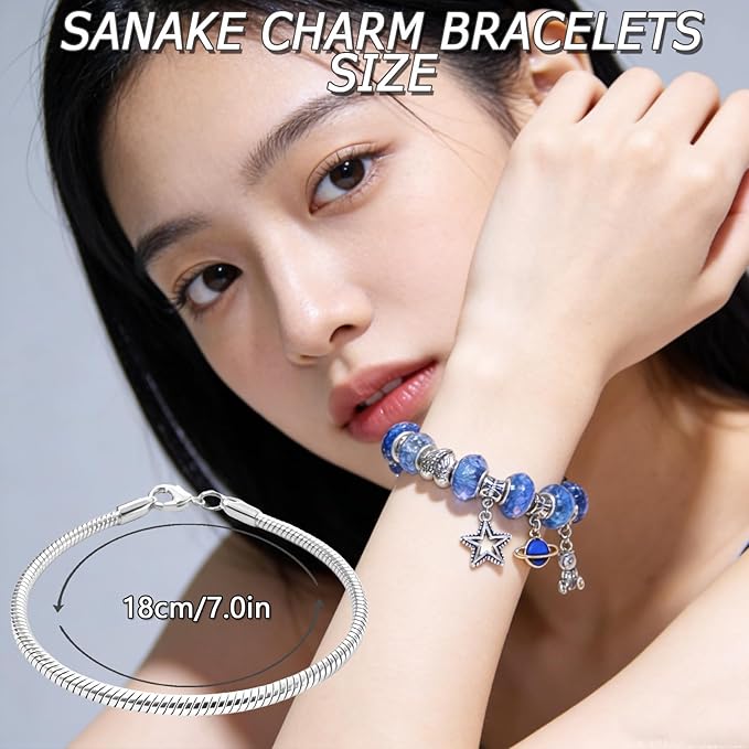 Exway 10 Pcs Snake Charm Bracelet Chain 7.0 Inch Silver Charm Bracelet Kit Snake Chain Bracelets Chains for Christmas DIY Women Jewelry Making Gifts ﻿