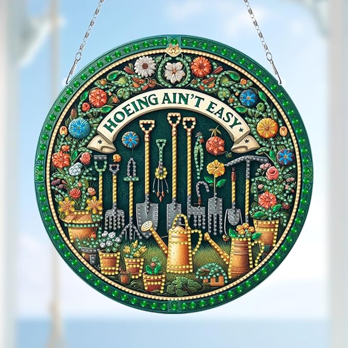 POETRYDRAW DIY Hanging Diamond Art Pendant Kit Garden Tools, Special Crystal Diamonds Painting Ornament for Adults, 5D Diamond Art Suncatchers Double Sided Board Gem Painting Box Kit