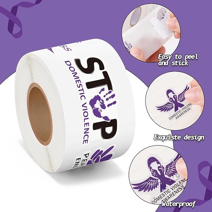 beyumi domestic violence awareness stickers - 1000pcs domestic violence awareness stickers in 2 rolls waterproof vinyl purple ribbon hope faith decals laptop bottle notebook luggage decor adults teens
