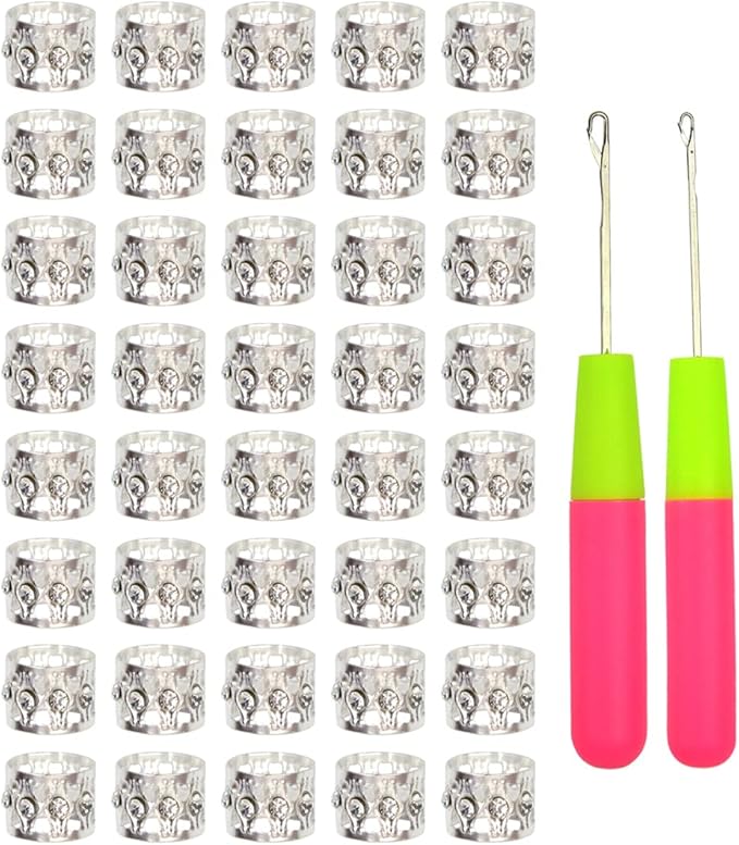 40 Pcs Silver Dreadlocks Beads Rhinestone Hair Rings Aluminum Adjustable Metal Hair Cuffs Beads Rings for Braids Hair Clip Decoration