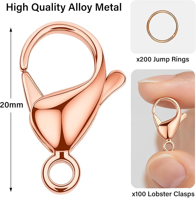 Mandala Crafts 20mm Rose Gold Color Metal Lobster Clasps for Jewelry Making - 100 Lobster Claw Clasps with Jump Rings Jewelry Findings Kit for Necklaces Bracelets Charms Fasteners