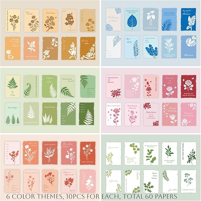 60Pcs Botanical Verses Scrapbook Decorative Paper Set, Embossed Aesthetic Craft Paper Small Notes 6 Color Themes for Scrapbooking Junk Journaling Card Embellishment Planner Diary Gift Tags Non-Sticky
