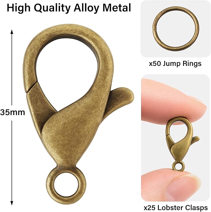 Mandala Crafts 35mm Antique Brass Metal Lobster Clasps for Jewelry Making - 25 Lobster Claw Clasps with Jump Rings Jewelry Findings Kit for Necklaces Bracelets Charms Fasteners