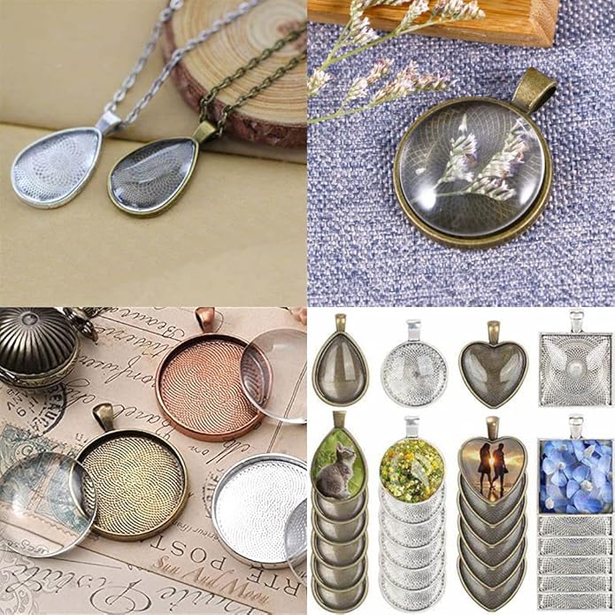 BetterJonny 48pcs Bezel Pendant Trays, 4 Shapes Pendants Trays Set Including 24pcs Charms Bezel Blanks and 24pcs Glass Cabochons for DIY Jewelry Making(2 Colors)