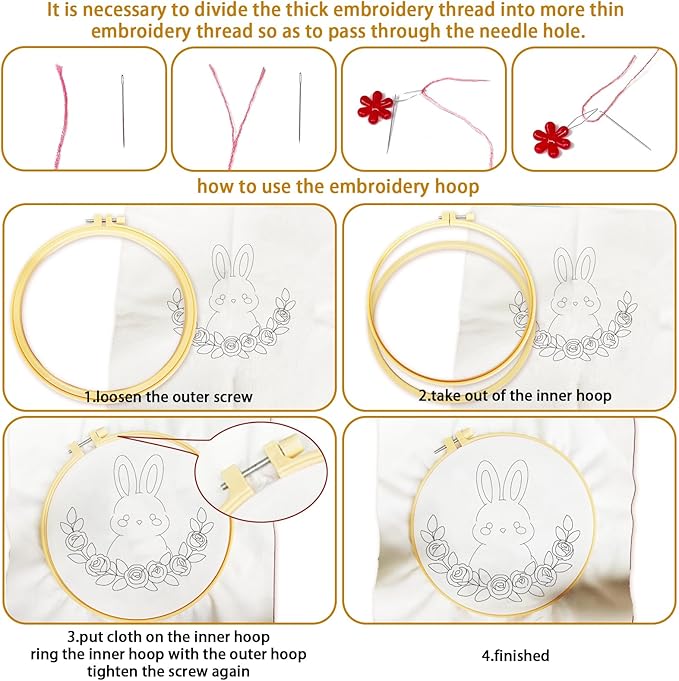 BEUNITONE Embroidery Kit with 6 Easy Patterns, Simple Cross Stitch Starter Set for Absolute Beginners, Cute Animal Rainbow Butterfly DIY Craft Activity
