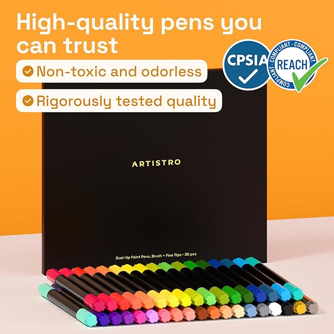 ARTISTRO 36 Acrylic Paint Markers - Paint Pens for Drawing, Brush + Fine Tips - For Fabric, Rock, Glass, Wood, DIY, Eggs - Art & Craft Supplies for Adults, Teens, Kids - Easter Basket Stuffers