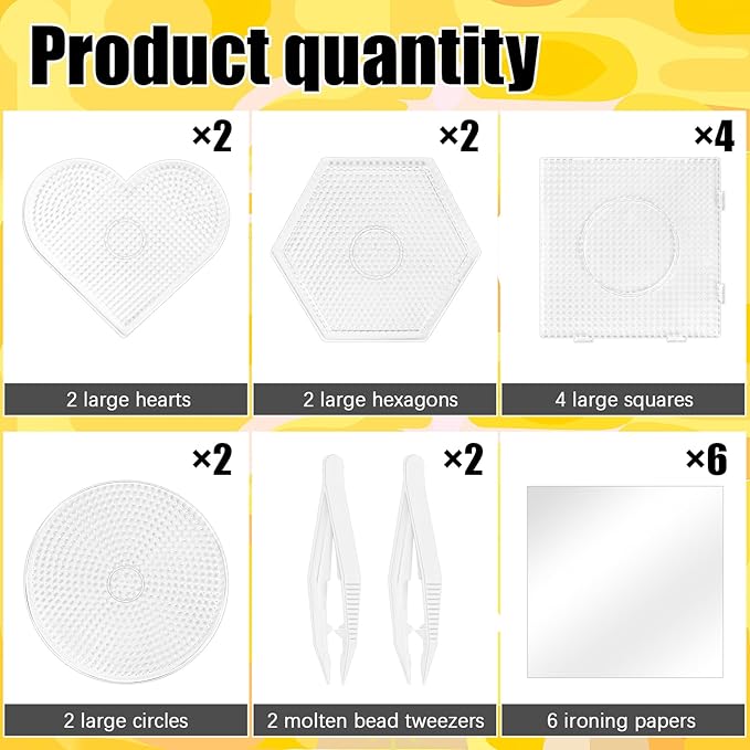 BILLIOTEAM 10PCS (4 Shapes) Fuse Beads Pegboards Boards with 2Pieces Tweezers and 6Pieces Lroning Paper,5mm Clear Plastic Pegboards Set Kit for Kids Craft Supplies Beads