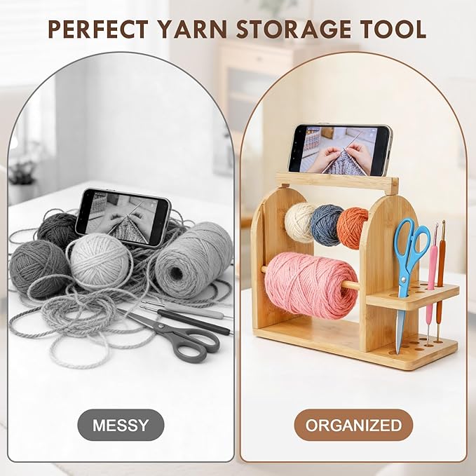Durable Wooden Yarn Holder for Crocheting and Knitting with Built-in Phone Stand Crochet Kits for Beginners Yarn Storage Accessories Organizer Gifts for Crocheters with Dual Rods and Tool Holder